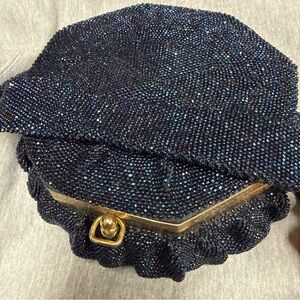 Vintage blue beaded evening bag, coin purse & mirror